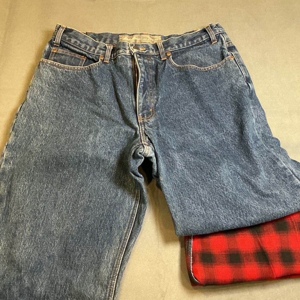 Eddie Bauer Mens Relaxed Fit Jeans 36x30 Blue Flannel Lined Buffalo Plaid Warm